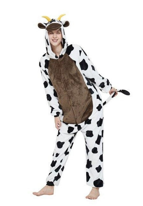 Pyjama Onesie Femme Avec Capuche Vaches Laitières - Pilou Pilou Doux, Fermeture Zip, Manches Longues - Chaud Hiver